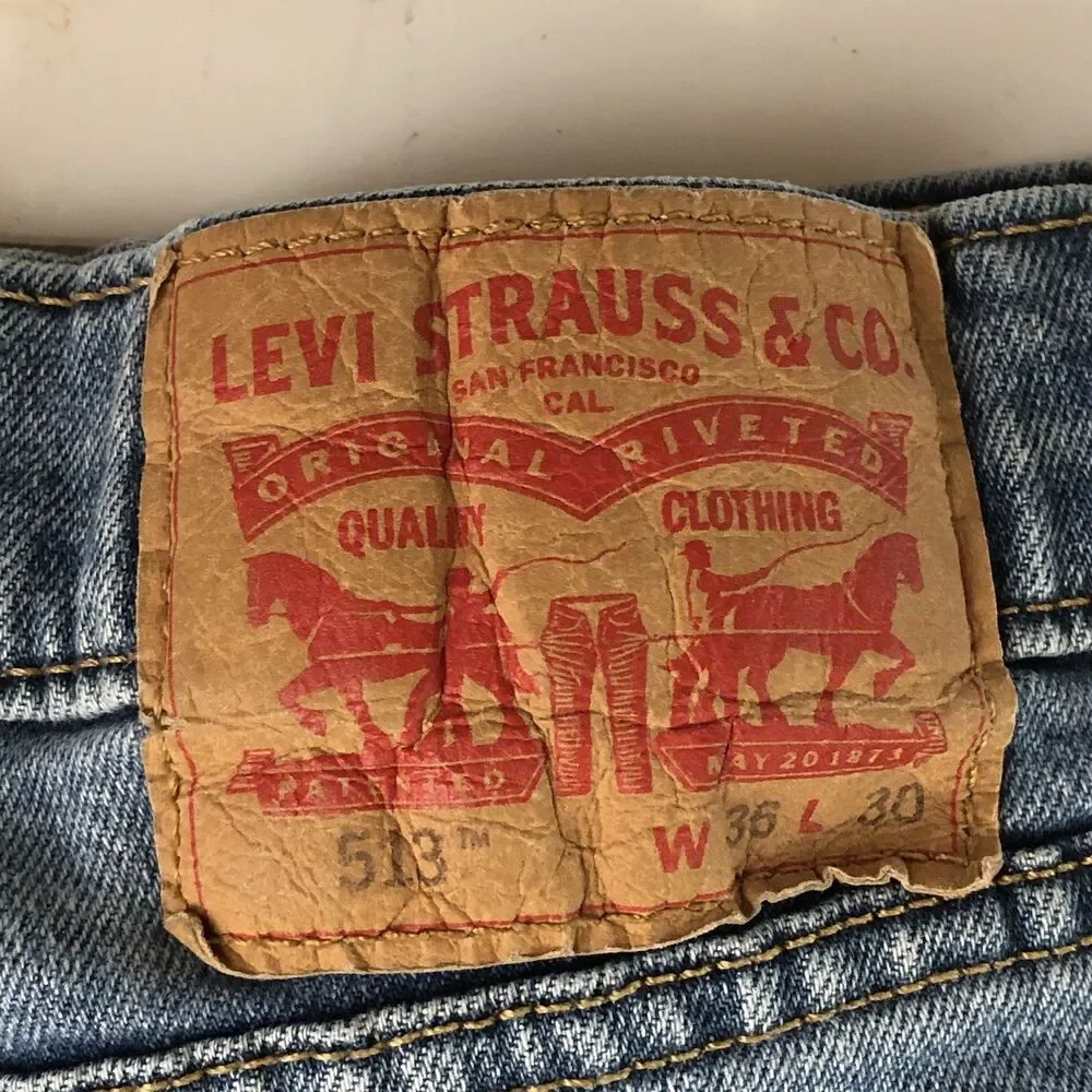 Levi’s 513 Slim Straight Jeans Mens 36x29 Medium Wash Blue Worn To Ride Stretch